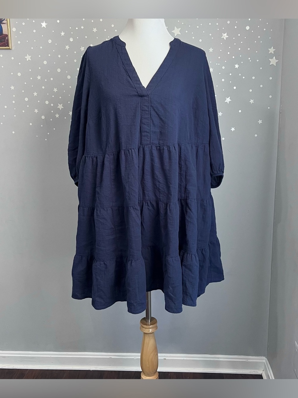 Torrid Navy Tiered Babydoll Mini Dress Y Neck Puff Sleeve Cotton Gauze Size 1 1X